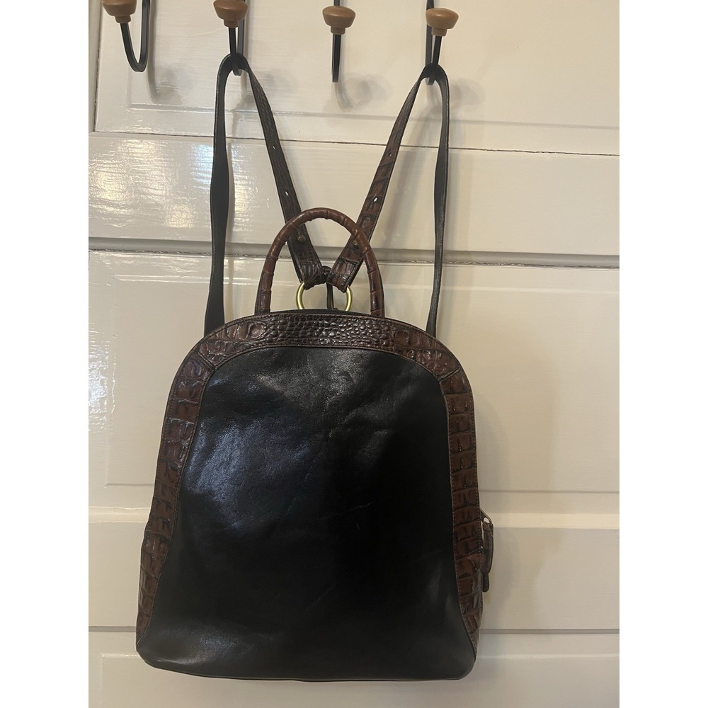 Vintage Brahmin Leather Black Brown Tuscan Backpack Purse Croc Print Straps